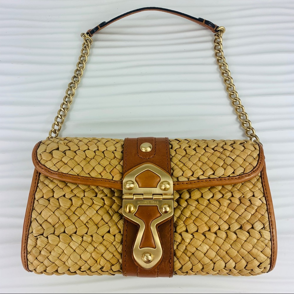Michael Kors Tan Woven Straw Shoulder Bag with Gold Hardware